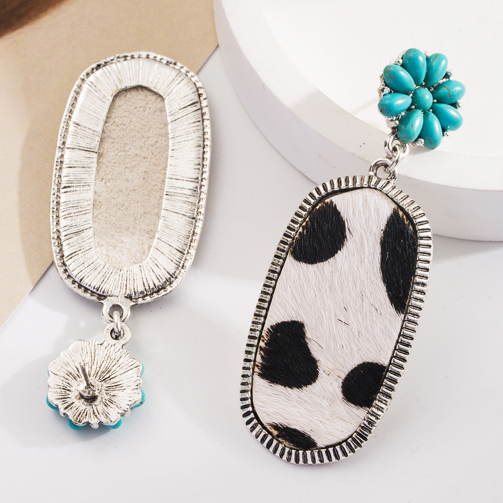 Wholesale Bohemian ethnic style turquoise milk grain leather diamond hollow earrings